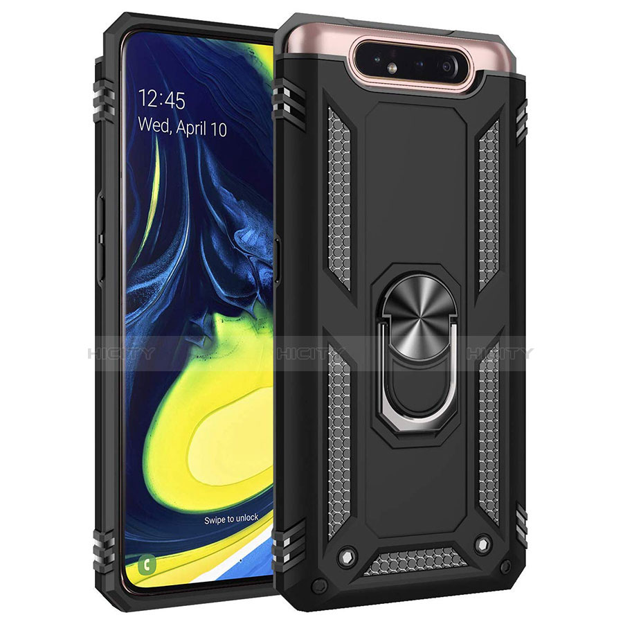 Funda Bumper Silicona y Plastico Mate Carcasa con Magnetico Anillo de dedo Soporte para Samsung Galaxy A80 Negro