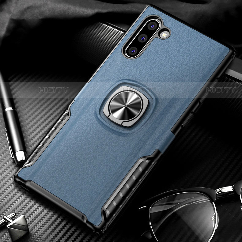 Funda Bumper Silicona y Plastico Mate Carcasa con Magnetico Anillo de dedo Soporte para Samsung Galaxy Note 10 Azul
