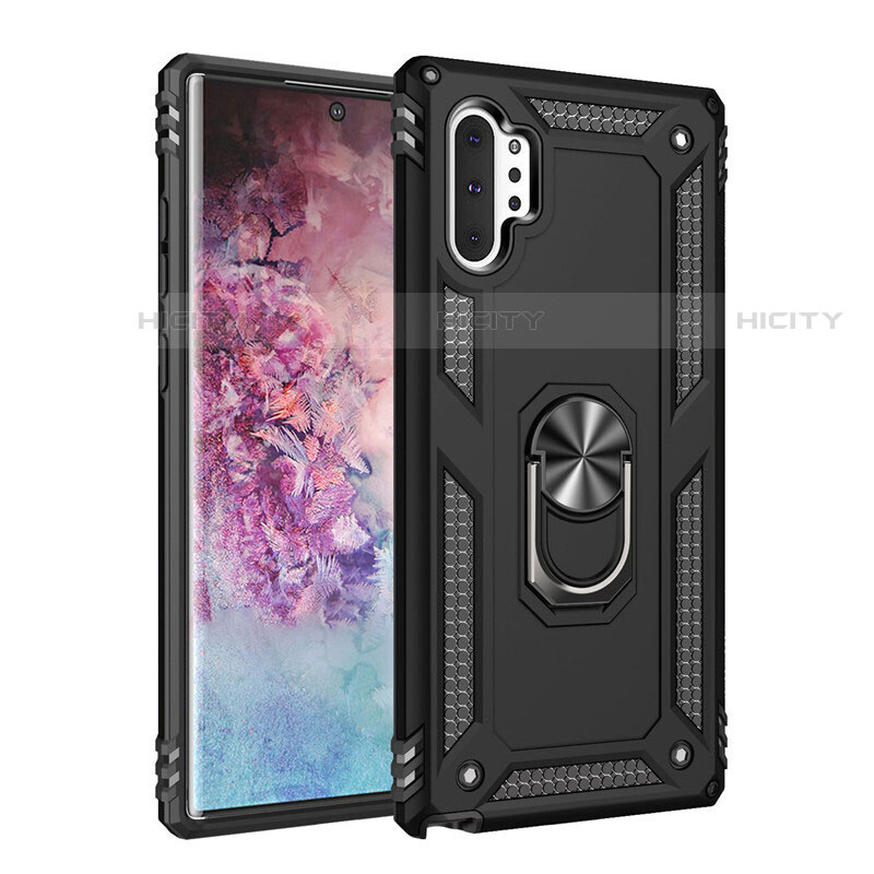 Funda Bumper Silicona y Plastico Mate Carcasa con Magnetico Anillo de dedo Soporte para Samsung Galaxy Note 10 Plus Negro