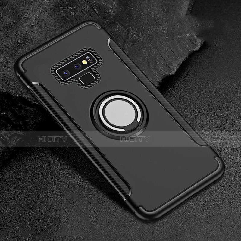 Funda Bumper Silicona y Plastico Mate Carcasa con Magnetico Anillo de dedo Soporte para Samsung Galaxy Note 9 Negro