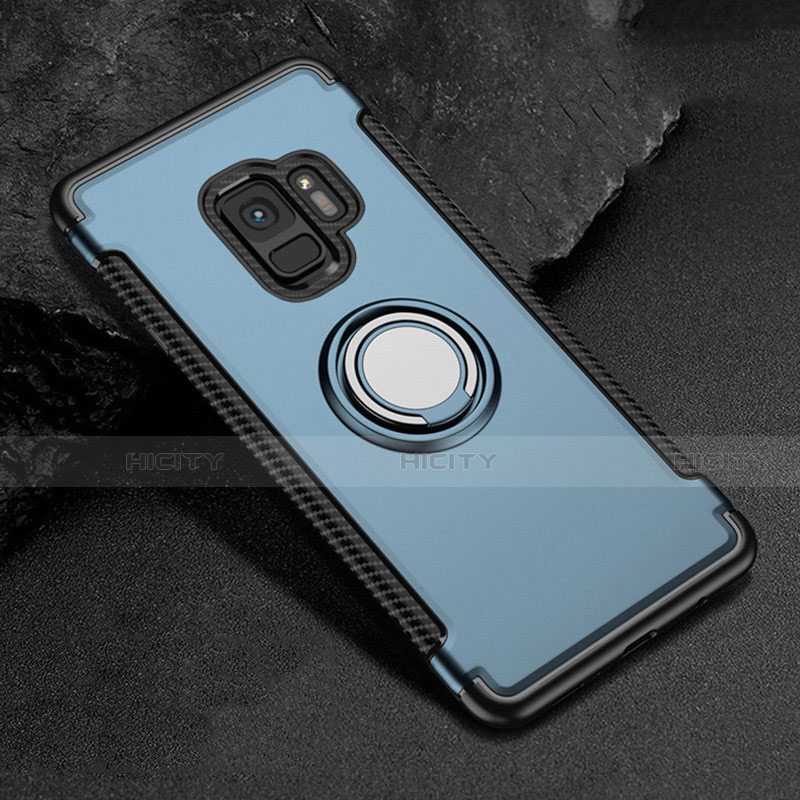 Funda Bumper Silicona y Plastico Mate Carcasa con Magnetico Anillo de dedo Soporte para Samsung Galaxy S9 Azul