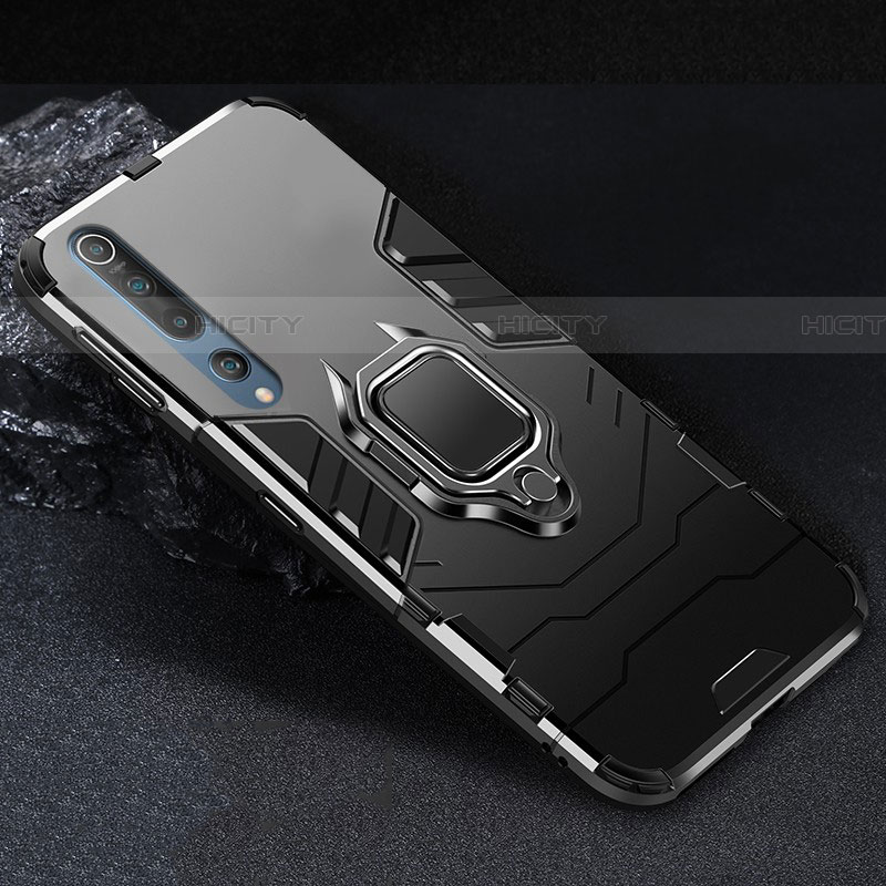 Funda Bumper Silicona y Plastico Mate Carcasa con Magnetico Anillo de dedo Soporte para Xiaomi Mi 10 Negro