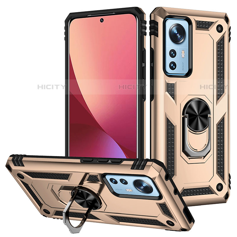 Funda Bumper Silicona y Plastico Mate Carcasa con Magnetico Anillo de dedo Soporte para Xiaomi Mi 12 Pro 5G Oro