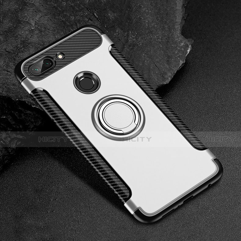 Funda Bumper Silicona y Plastico Mate Carcasa con Magnetico Anillo de dedo Soporte para Xiaomi Mi 8 Lite Plata