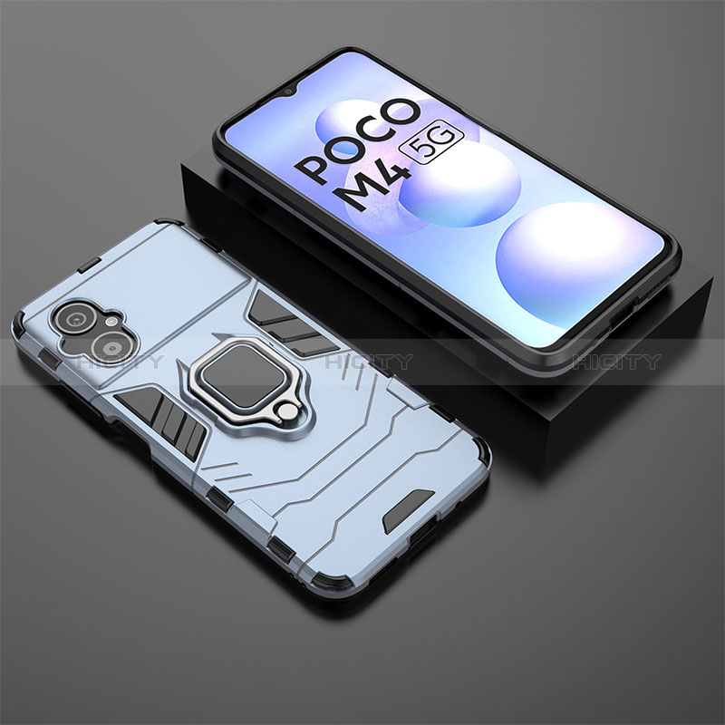 Funda Bumper Silicona y Plastico Mate Carcasa con Magnetico Anillo de dedo Soporte para Xiaomi Poco M4 5G Azul