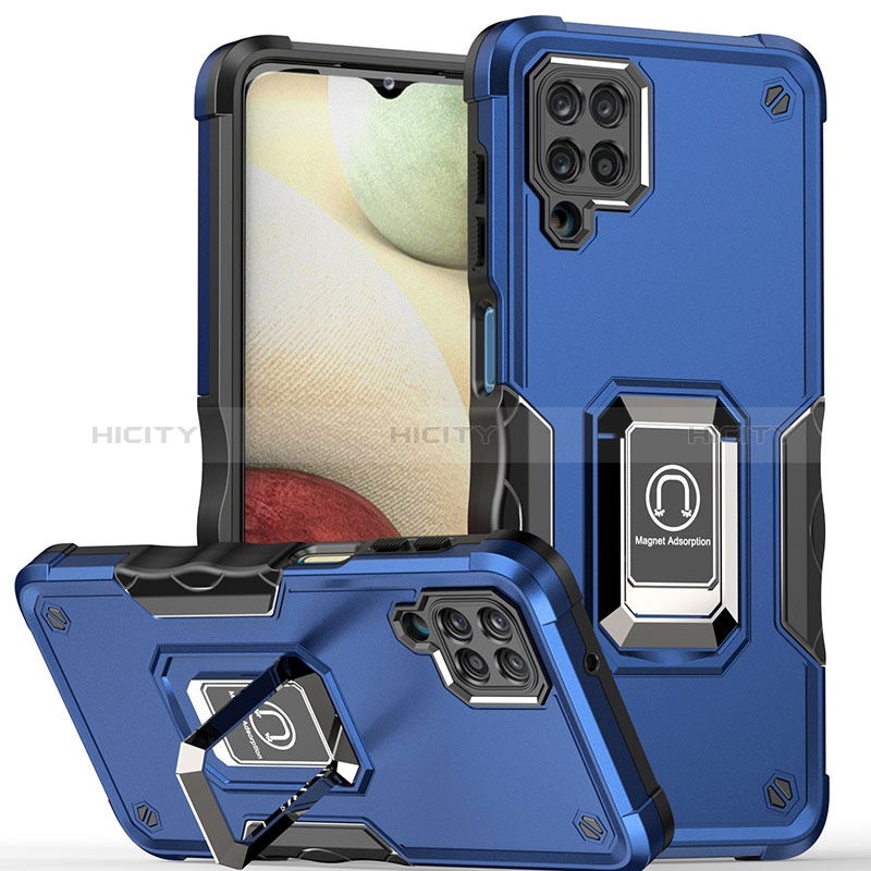 Funda Bumper Silicona y Plastico Mate Carcasa con Magnetico Anillo de dedo Soporte QW1 para Samsung Galaxy M12 Azul