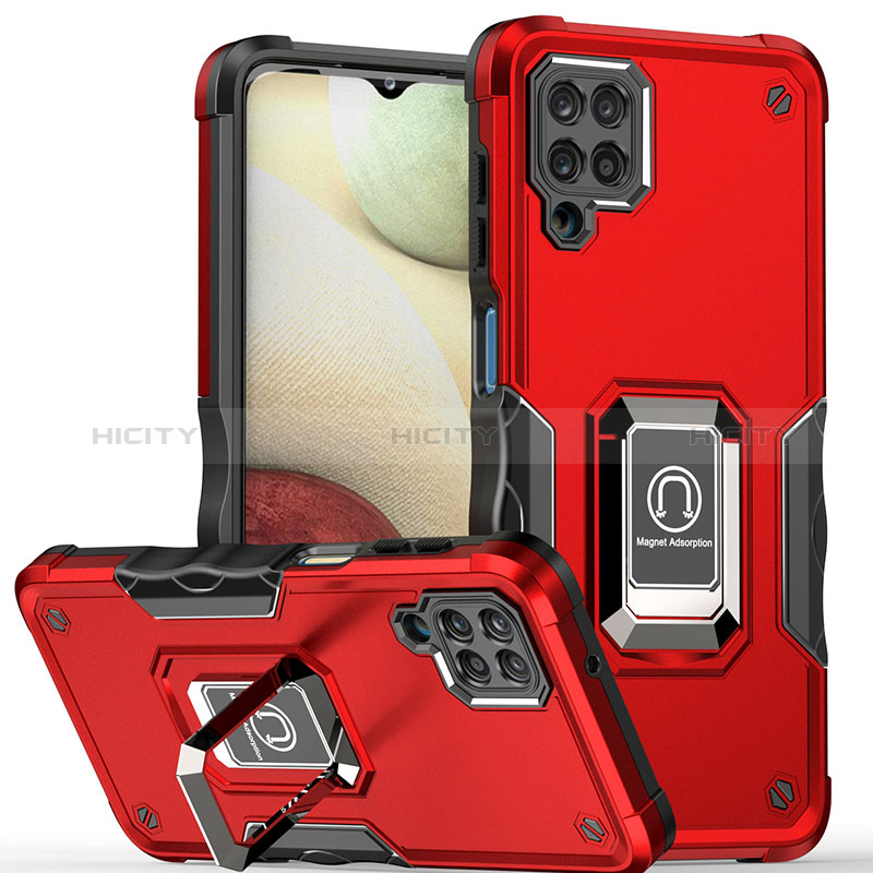 Funda Bumper Silicona y Plastico Mate Carcasa con Magnetico Anillo de dedo Soporte QW1 para Samsung Galaxy M12 Rojo