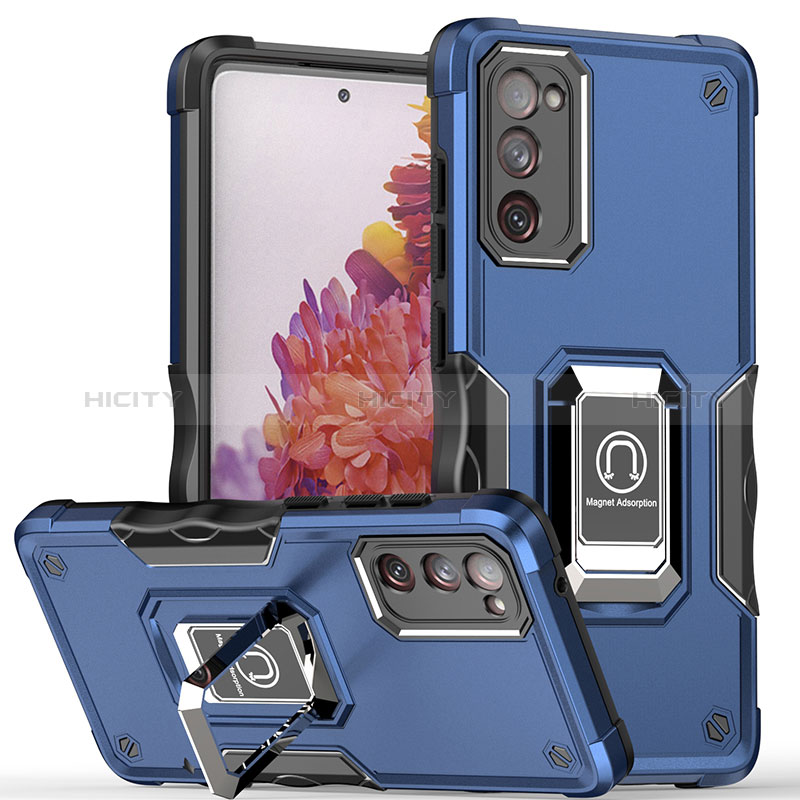 Funda Bumper Silicona y Plastico Mate Carcasa con Magnetico Anillo de dedo Soporte QW1 para Samsung Galaxy S20 FE (2022) 5G Azul