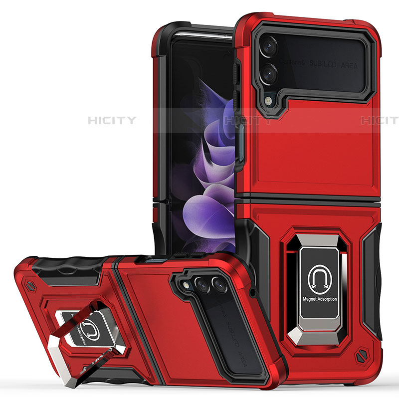 Funda Bumper Silicona y Plastico Mate Carcasa con Magnetico Anillo de dedo Soporte QW1 para Samsung Galaxy Z Flip4 5G Rojo