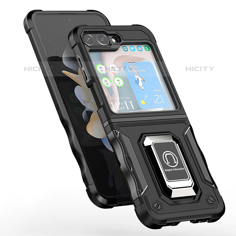 Funda Bumper Silicona y Plastico Mate Carcasa con Magnetico Anillo de dedo Soporte QW1 para Samsung Galaxy Z Flip5 5G