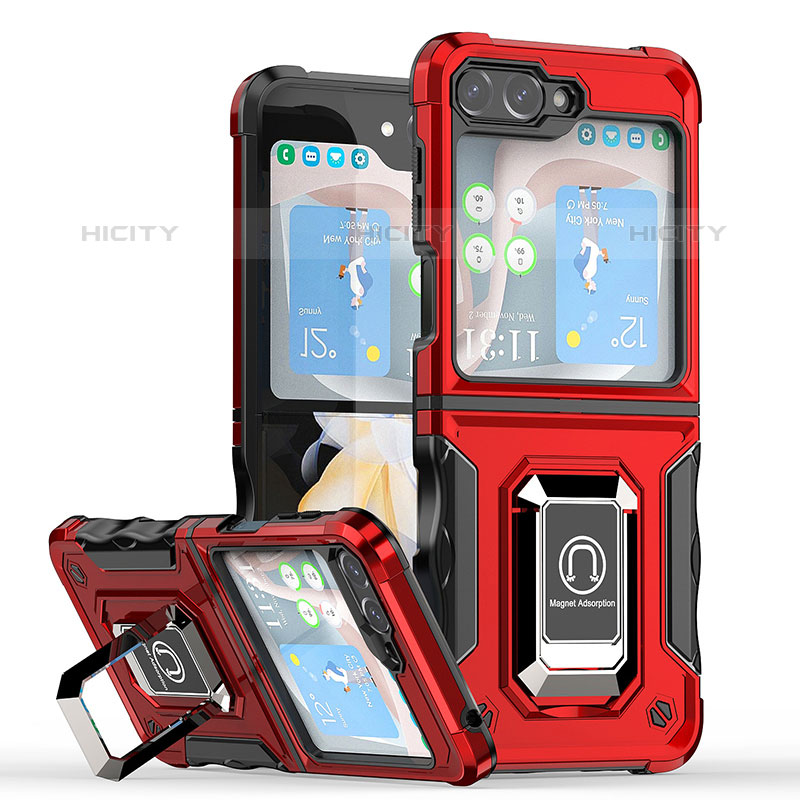 Funda Bumper Silicona y Plastico Mate Carcasa con Magnetico Anillo de dedo Soporte QW1 para Samsung Galaxy Z Flip5 5G Rojo