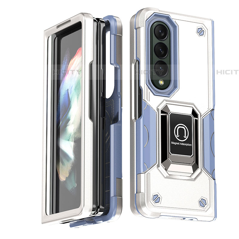 Funda Bumper Silicona y Plastico Mate Carcasa con Magnetico Anillo de dedo Soporte QW1 para Samsung Galaxy Z Fold4 5G Blanco