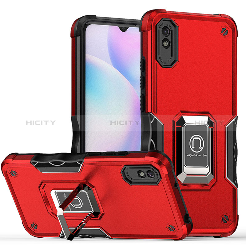 Funda Bumper Silicona y Plastico Mate Carcasa con Magnetico Anillo de dedo Soporte QW1 para Xiaomi Redmi 9AT Rojo