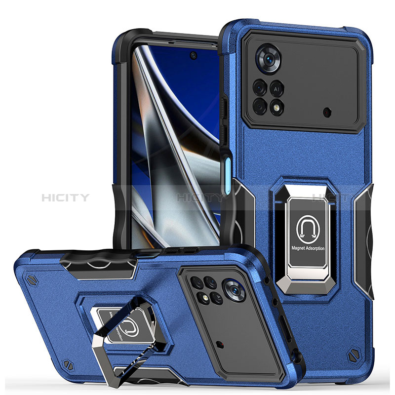 Funda Bumper Silicona y Plastico Mate Carcasa con Magnetico Anillo de dedo Soporte QW1 para Xiaomi Redmi Note 11E Pro 5G Azul