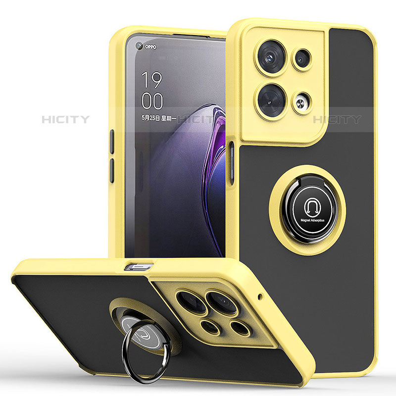 Funda Bumper Silicona y Plastico Mate Carcasa con Magnetico Anillo de dedo Soporte QW2 para Oppo Reno8 Pro+ Plus 5G Amarillo