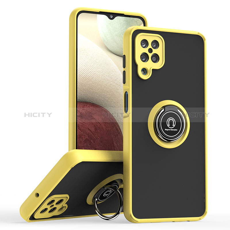 Funda Bumper Silicona y Plastico Mate Carcasa con Magnetico Anillo de dedo Soporte QW2 para Samsung Galaxy F12 Amarillo