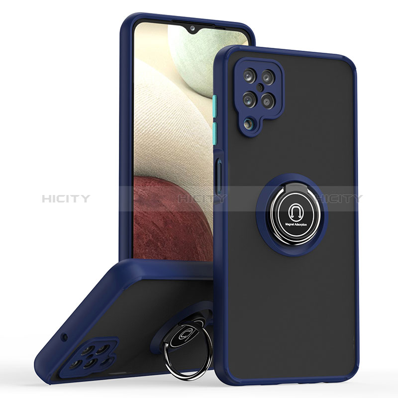 Funda Bumper Silicona y Plastico Mate Carcasa con Magnetico Anillo de dedo Soporte QW2 para Samsung Galaxy F12 Azul