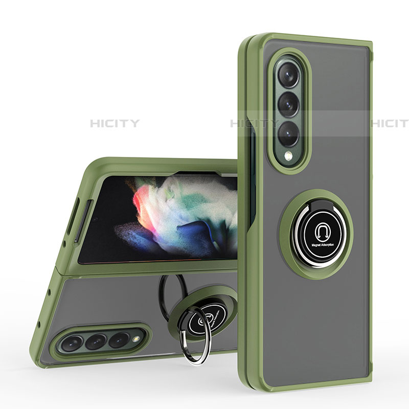 Funda Bumper Silicona y Plastico Mate Carcasa con Magnetico Anillo de dedo Soporte QW2 para Samsung Galaxy Z Fold4 5G Ejercito Verde