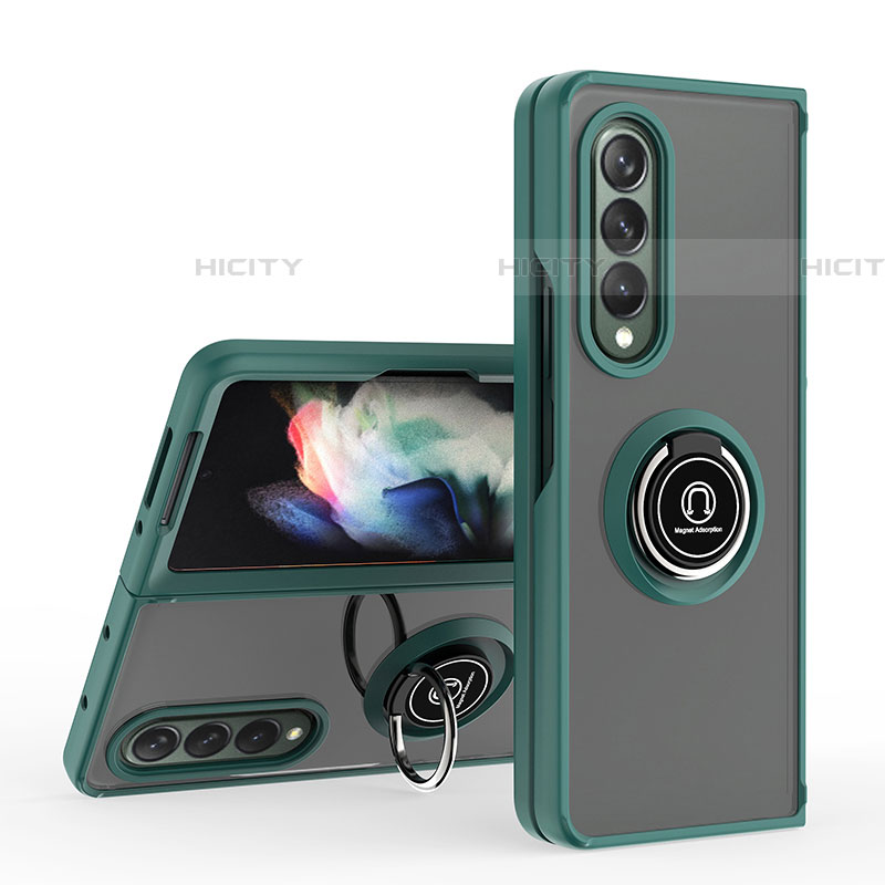 Funda Bumper Silicona y Plastico Mate Carcasa con Magnetico Anillo de dedo Soporte QW2 para Samsung Galaxy Z Fold4 5G Verde Noche