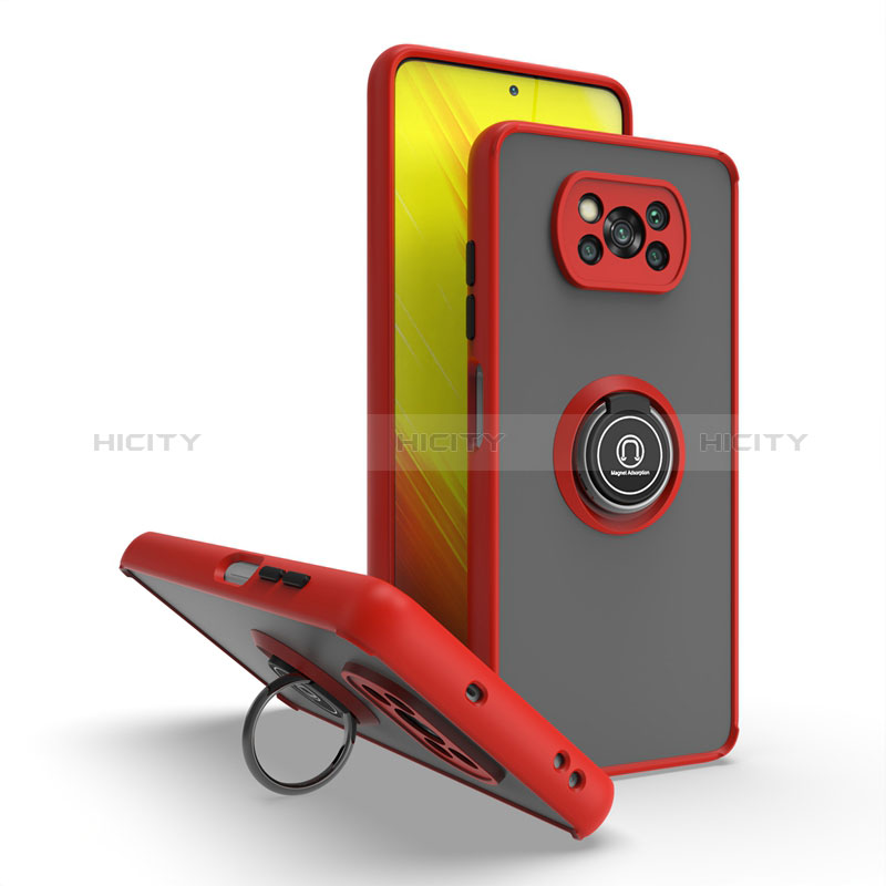 Funda Bumper Silicona y Plastico Mate Carcasa con Magnetico Anillo de dedo Soporte QW2 para Xiaomi Poco X3 Rojo