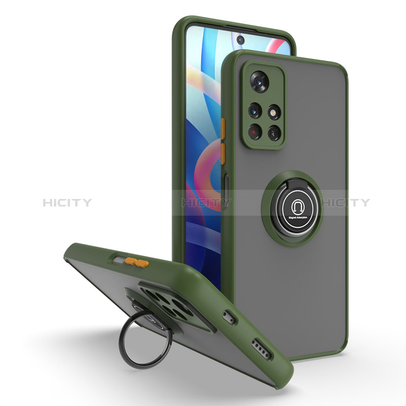 Funda Bumper Silicona y Plastico Mate Carcasa con Magnetico Anillo de dedo Soporte QW2 para Xiaomi Redmi Note 11 5G Ejercito Verde