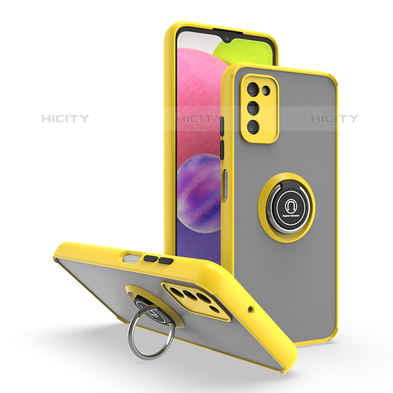 Funda Bumper Silicona y Plastico Mate Carcasa con Magnetico Anillo de dedo Soporte QW3 para Samsung Galaxy M02s Amarillo