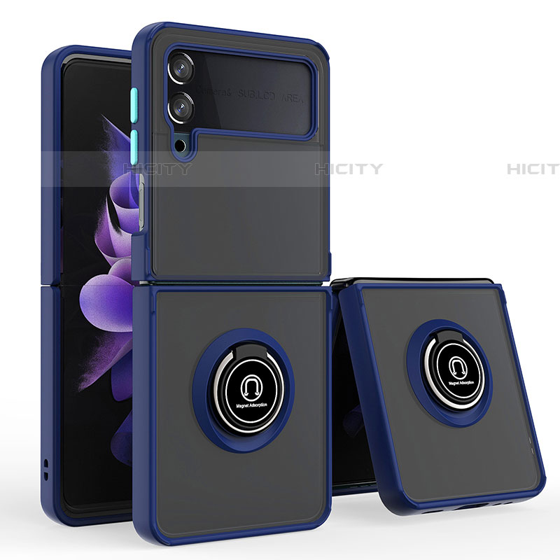 Funda Bumper Silicona y Plastico Mate Carcasa con Magnetico Anillo de dedo Soporte QW3 para Samsung Galaxy Z Flip4 5G Azul