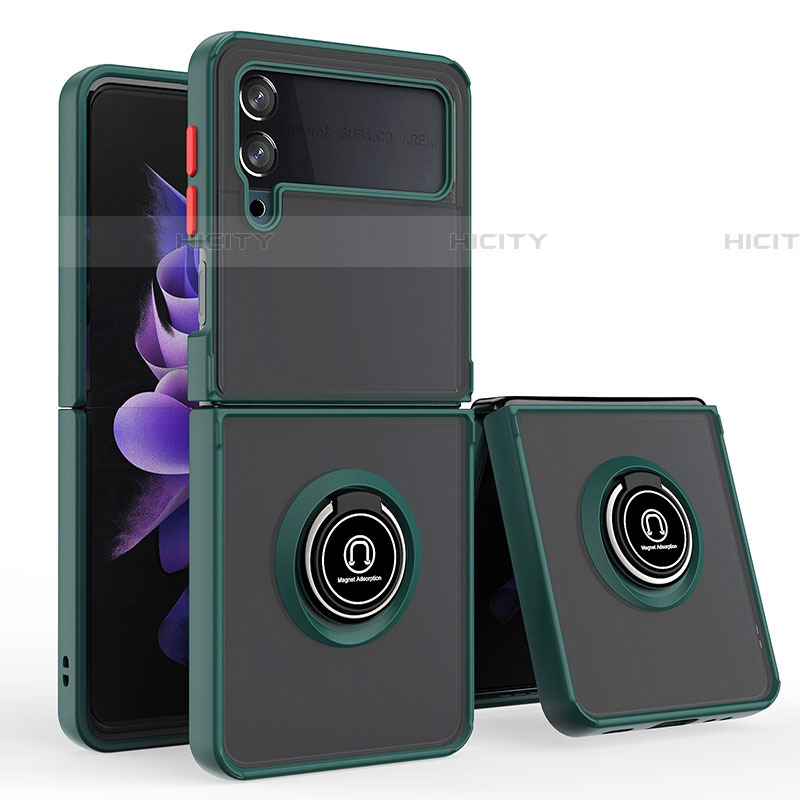 Funda Bumper Silicona y Plastico Mate Carcasa con Magnetico Anillo de dedo Soporte QW3 para Samsung Galaxy Z Flip4 5G Verde Noche