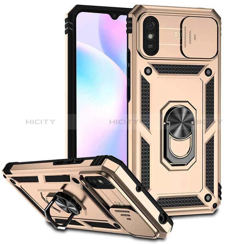 Funda Bumper Silicona y Plastico Mate Carcasa con Magnetico Anillo de dedo Soporte QW3 para Xiaomi Redmi 9AT Oro