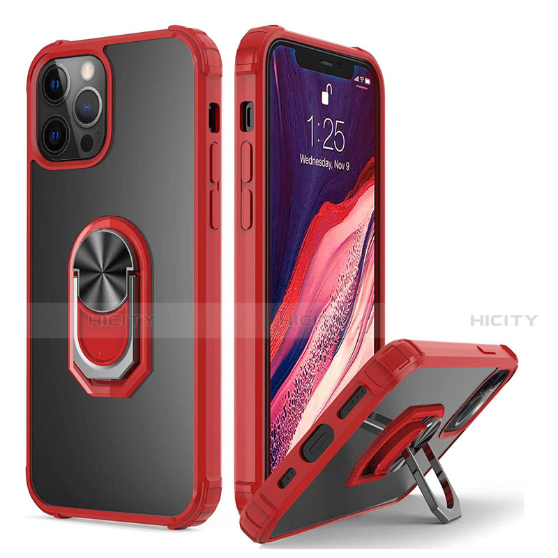 Funda Bumper Silicona y Plastico Mate Carcasa con Magnetico Anillo de dedo Soporte R01 para Apple iPhone 12 Pro Rojo