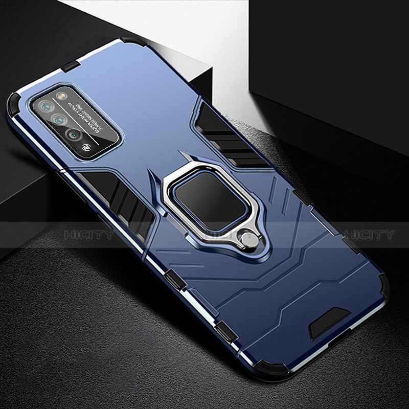 Funda Bumper Silicona y Plastico Mate Carcasa con Magnetico Anillo de dedo Soporte R01 para Huawei Honor 30 Lite 5G Azul