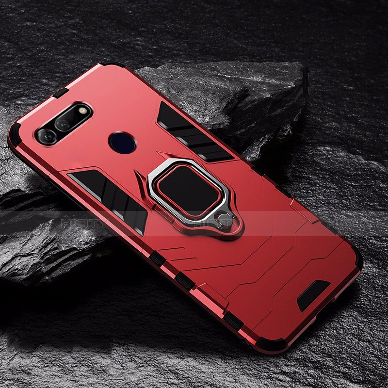 Funda Bumper Silicona y Plastico Mate Carcasa con Magnetico Anillo de dedo Soporte R01 para Huawei Honor View 20 Rojo