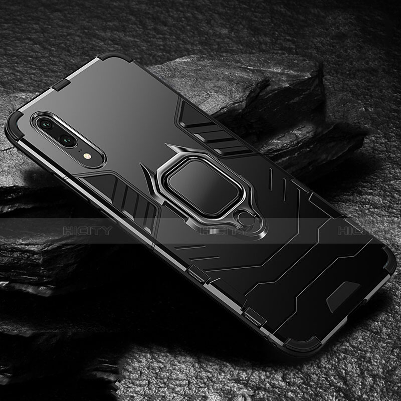 Funda Bumper Silicona y Plastico Mate Carcasa con Magnetico Anillo de dedo Soporte R01 para Huawei P20 Negro