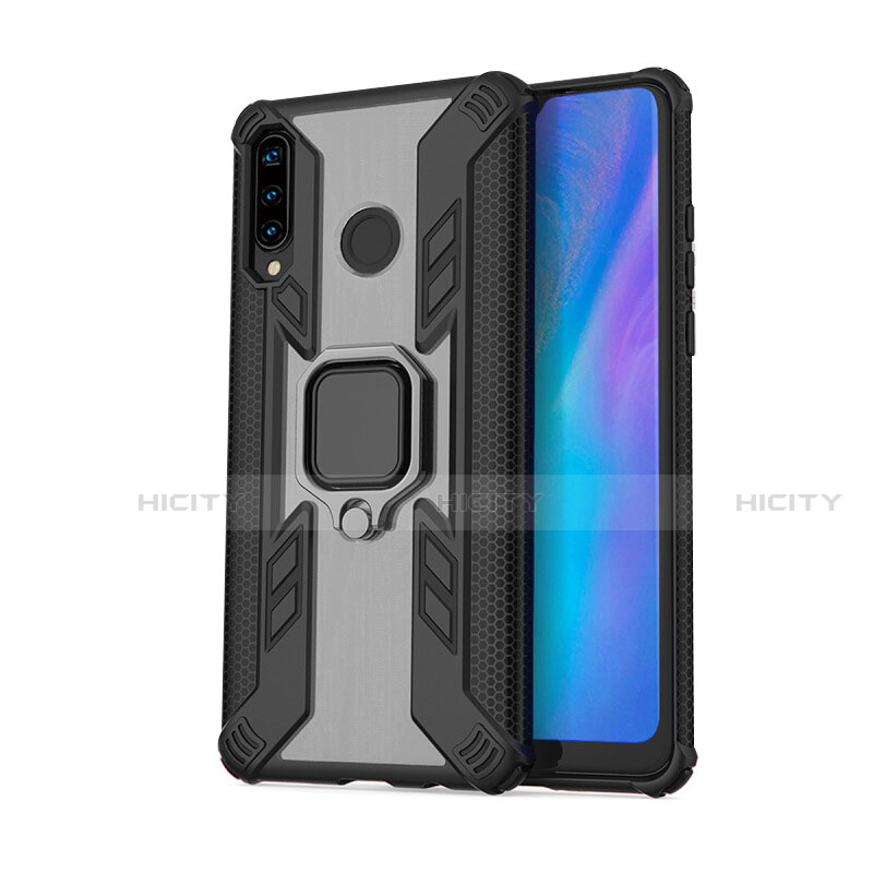 Funda Bumper Silicona y Plastico Mate Carcasa con Magnetico Anillo de dedo Soporte R01 para Huawei P30 Lite Negro