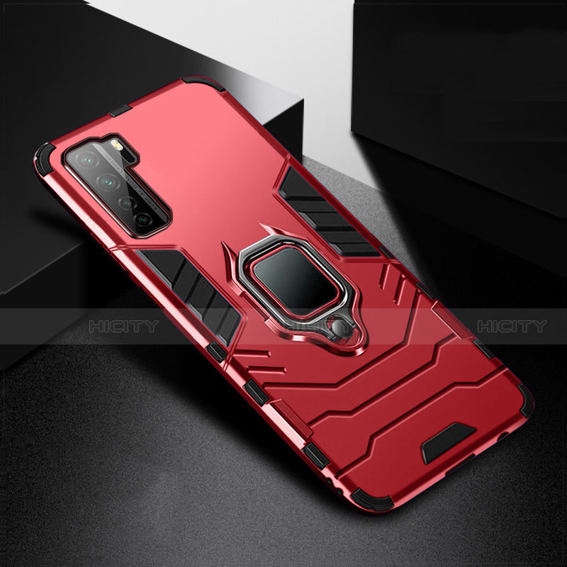 Funda Bumper Silicona y Plastico Mate Carcasa con Magnetico Anillo de dedo Soporte R01 para Huawei P40 Lite 5G Rojo