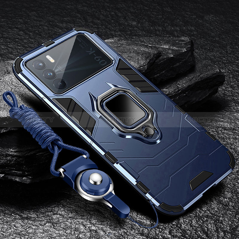 Funda Bumper Silicona y Plastico Mate Carcasa con Magnetico Anillo de dedo Soporte R01 para Oppo K9 Pro 5G Azul