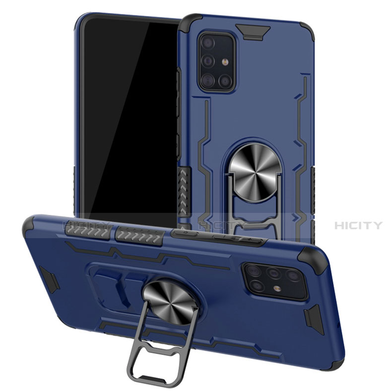 Funda Bumper Silicona y Plastico Mate Carcasa con Magnetico Anillo de dedo Soporte R01 para Samsung Galaxy A51 5G Azul