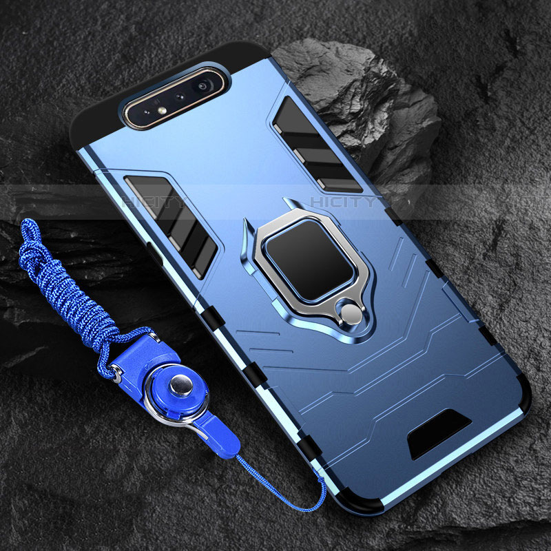 Funda Bumper Silicona y Plastico Mate Carcasa con Magnetico Anillo de dedo Soporte R01 para Samsung Galaxy A80 Azul