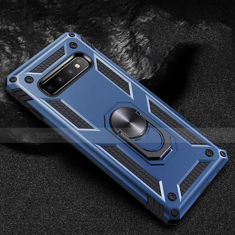 Funda Bumper Silicona y Plastico Mate Carcasa con Magnetico Anillo de dedo Soporte R01 para Samsung Galaxy S10 Azul