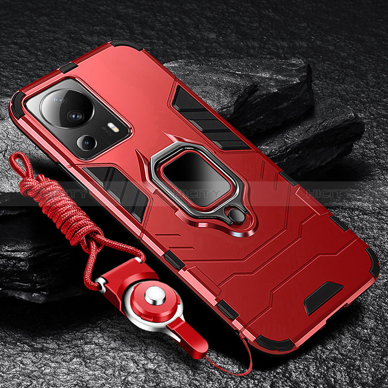 Funda Bumper Silicona y Plastico Mate Carcasa con Magnetico Anillo de dedo Soporte R01 para Xiaomi Mi 13 Lite 5G Rojo