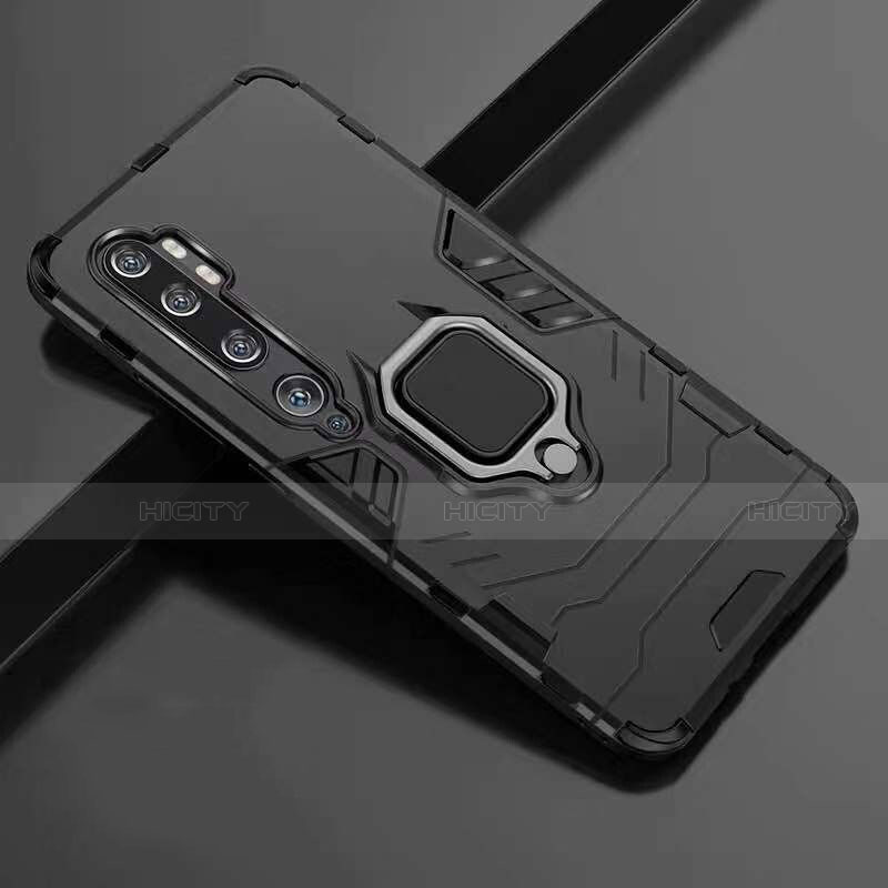 Funda Bumper Silicona y Plastico Mate Carcasa con Magnetico Anillo de dedo Soporte R01 para Xiaomi Mi Note 10 Pro Negro