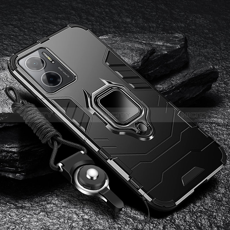 Funda Bumper Silicona y Plastico Mate Carcasa con Magnetico Anillo de dedo Soporte R01 para Xiaomi Redmi 10 Prime Plus 5G Negro