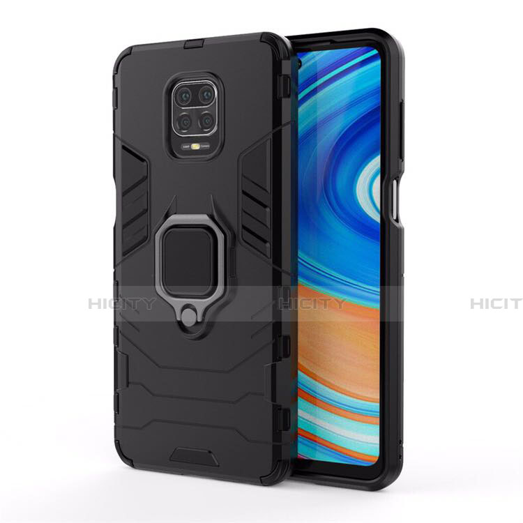 Funda Bumper Silicona y Plastico Mate Carcasa con Magnetico Anillo de dedo Soporte R01 para Xiaomi Redmi Note 9S Negro