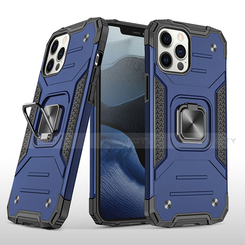 Funda Bumper Silicona y Plastico Mate Carcasa con Magnetico Anillo de dedo Soporte R02 para Apple iPhone 12 Pro Azul
