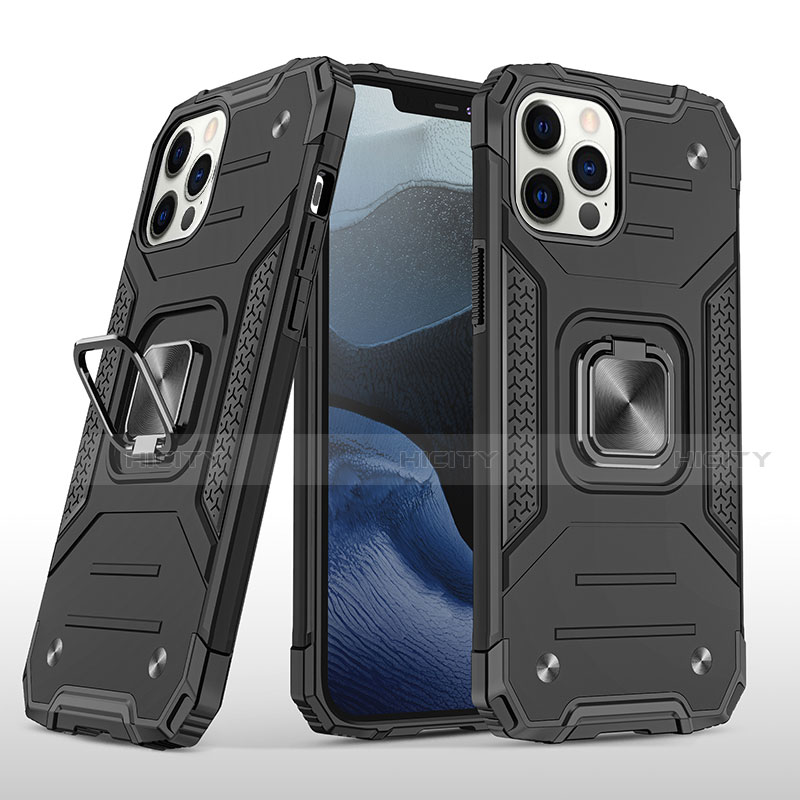 Funda Bumper Silicona y Plastico Mate Carcasa con Magnetico Anillo de dedo Soporte R02 para Apple iPhone 12 Pro Max Negro