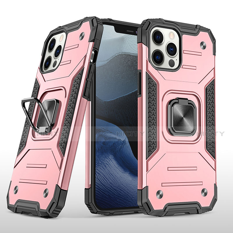 Funda Bumper Silicona y Plastico Mate Carcasa con Magnetico Anillo de dedo Soporte R02 para Apple iPhone 12 Pro Oro Rosa