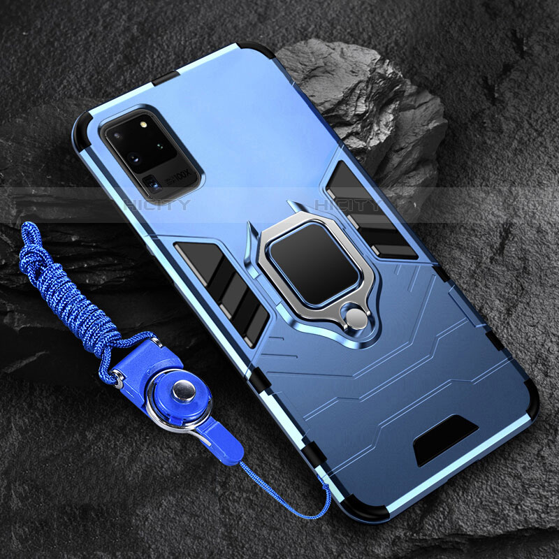 Funda Bumper Silicona y Plastico Mate Carcasa con Magnetico Anillo de dedo Soporte R02 para Samsung Galaxy S20 Ultra 5G Azul