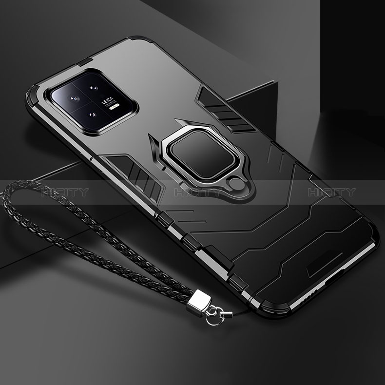 Funda Bumper Silicona y Plastico Mate Carcasa con Magnetico Anillo de dedo Soporte R02 para Xiaomi Mi 13 5G Negro