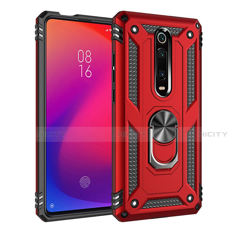 Funda Bumper Silicona y Plastico Mate Carcasa con Magnetico Anillo de dedo Soporte R02 para Xiaomi Mi 9T Pro Rojo