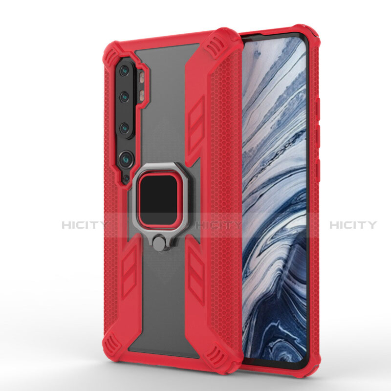 Funda Bumper Silicona y Plastico Mate Carcasa con Magnetico Anillo de dedo Soporte R02 para Xiaomi Mi Note 10 Rojo